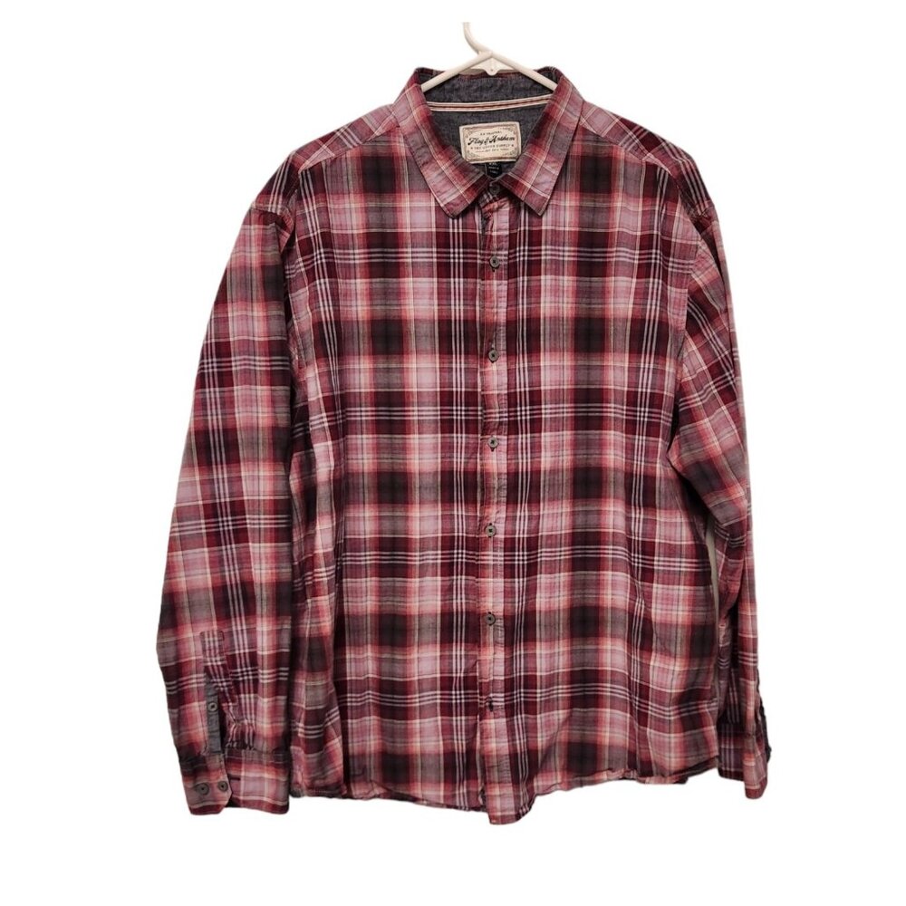 Flag and Anthem Plaid Shirt Long Sleeve Button Down Red Mens XXL Slim‎ Fit EUC